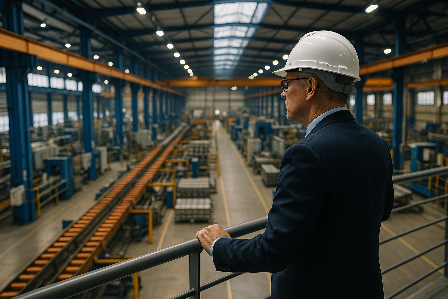 Man in hard hat surveys vast factory floor with conveyor belts & machinery.