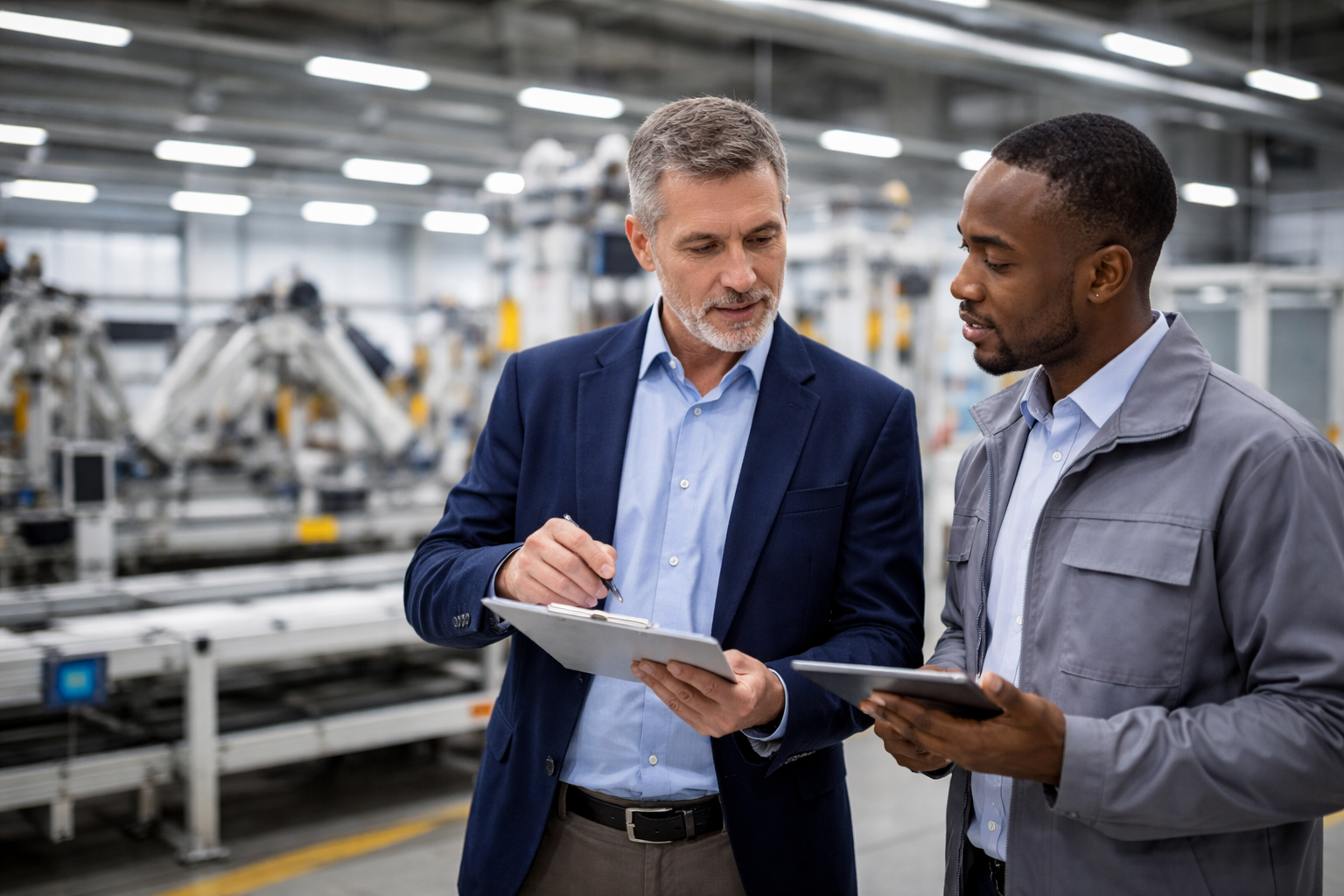 Two men in a factory, one in a suit and one in a work jacket, review a tablet and clipboard.