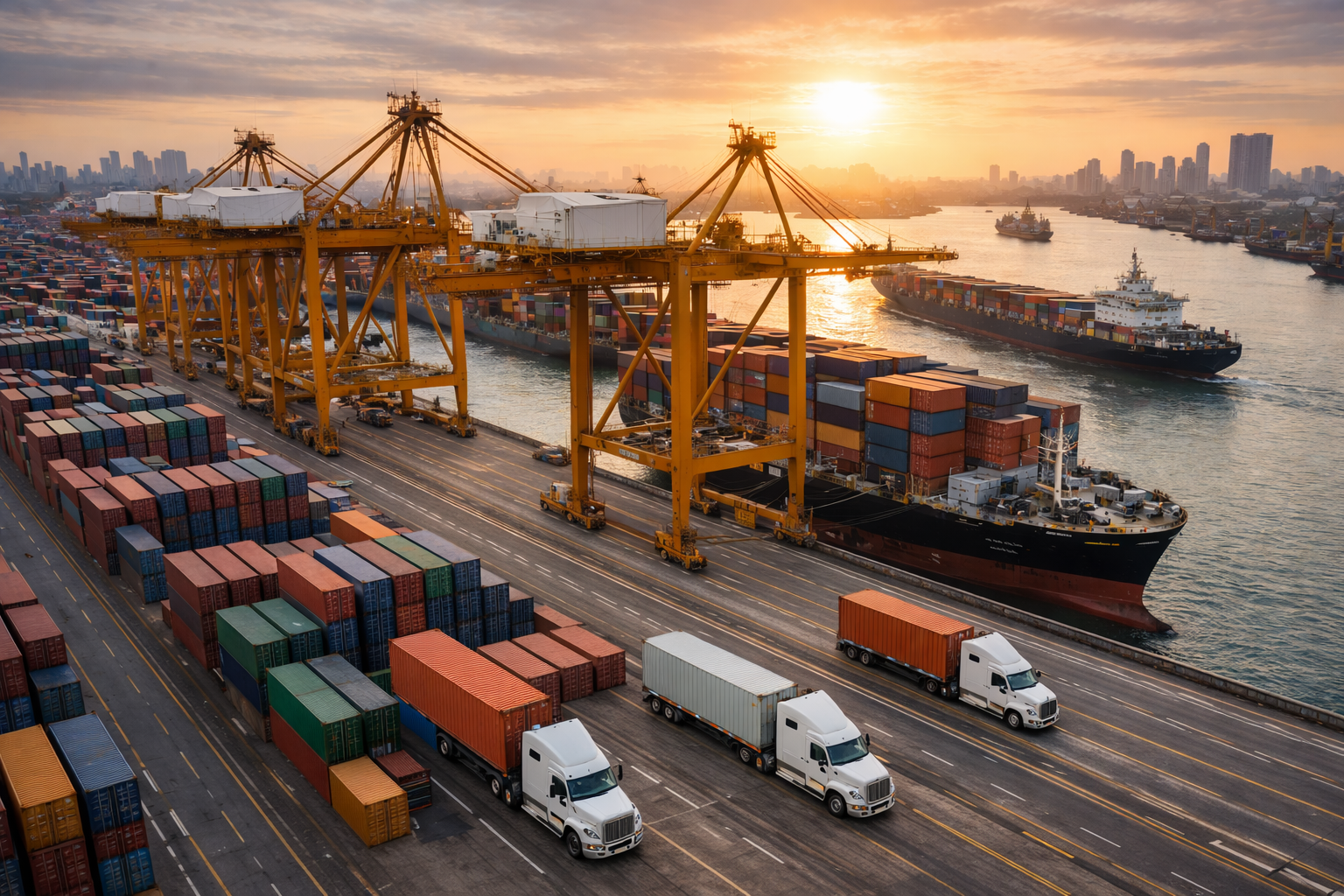 Busy container port at sunset with ships, cranes, trucks, and stacked cargo.