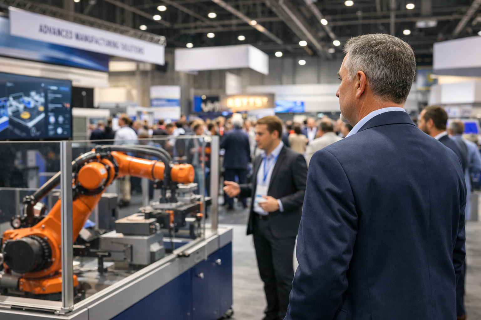 Businessmen observe robotic arm at manufacturing expo, advanced technology showcase.