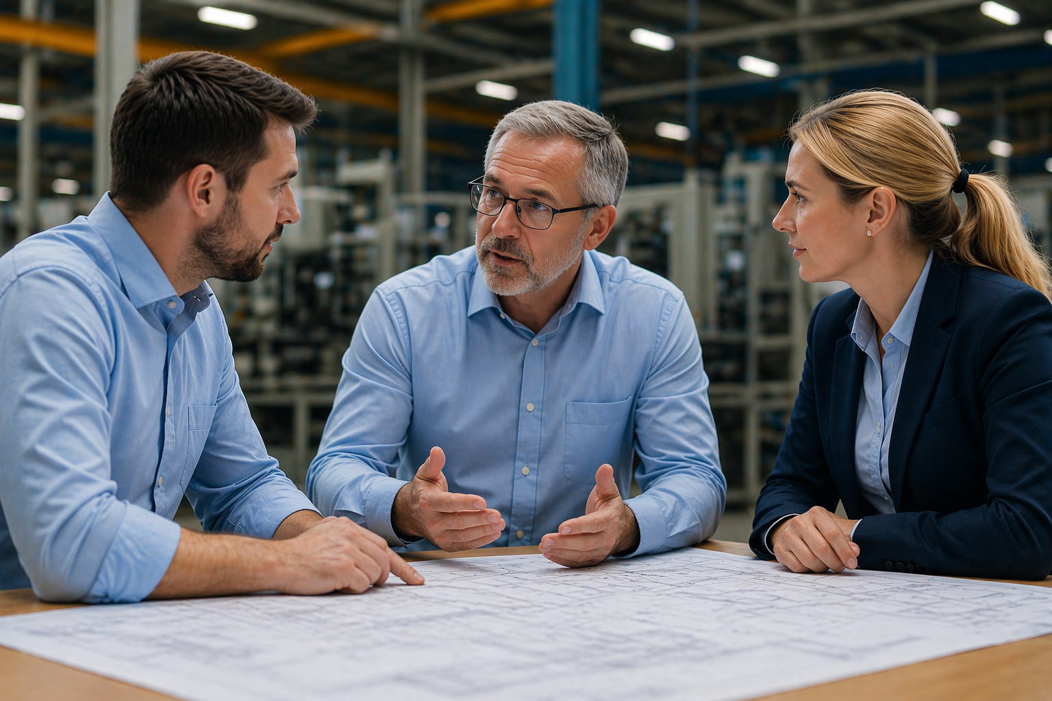Three professionals in a factory setting reviewing blueprints at a table.