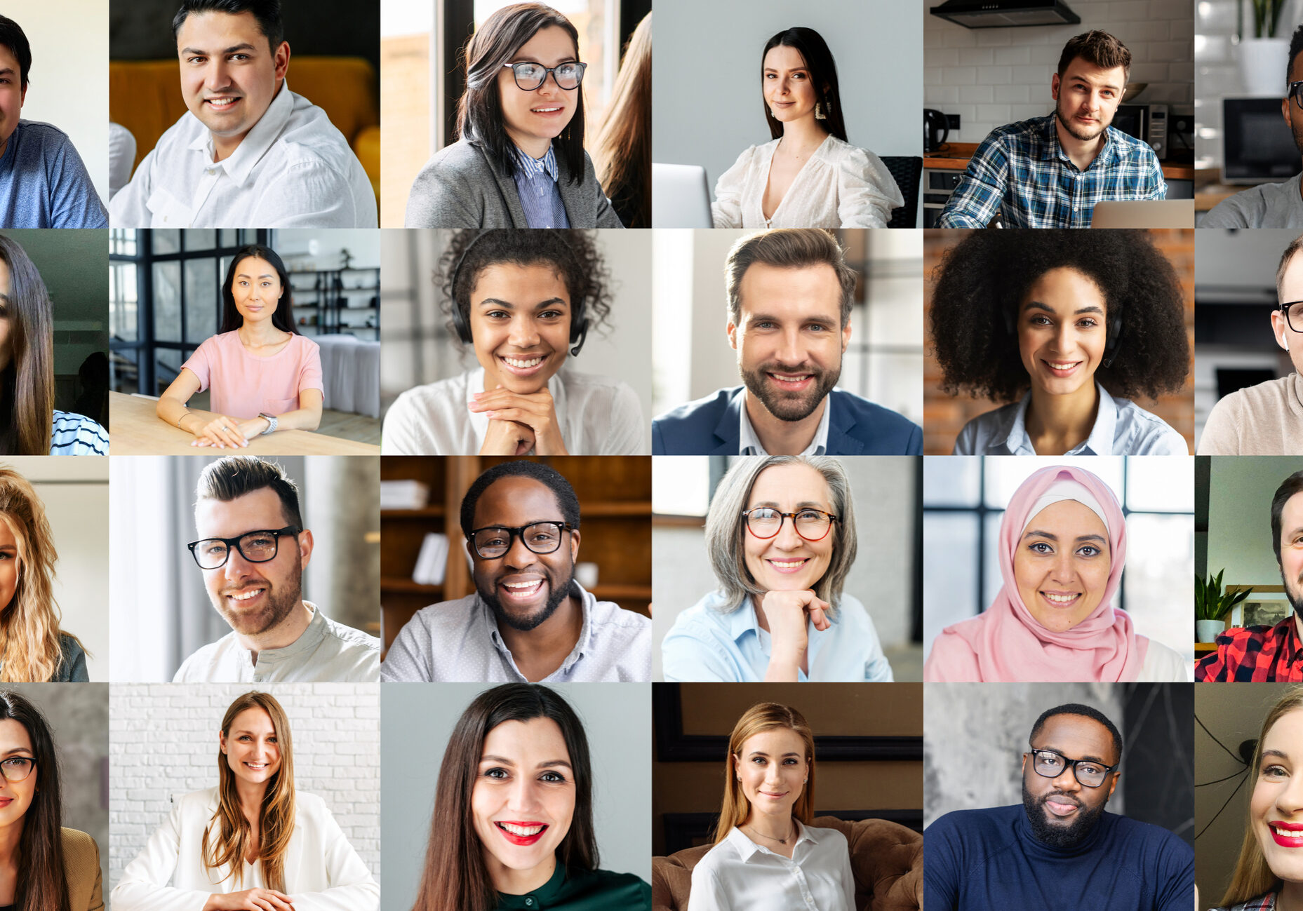 Crowded video screen with diverse multinational people on it. Video meeting online for office employees working remotely. Multiracial colleagues involved in online conference, video call. Hr data base