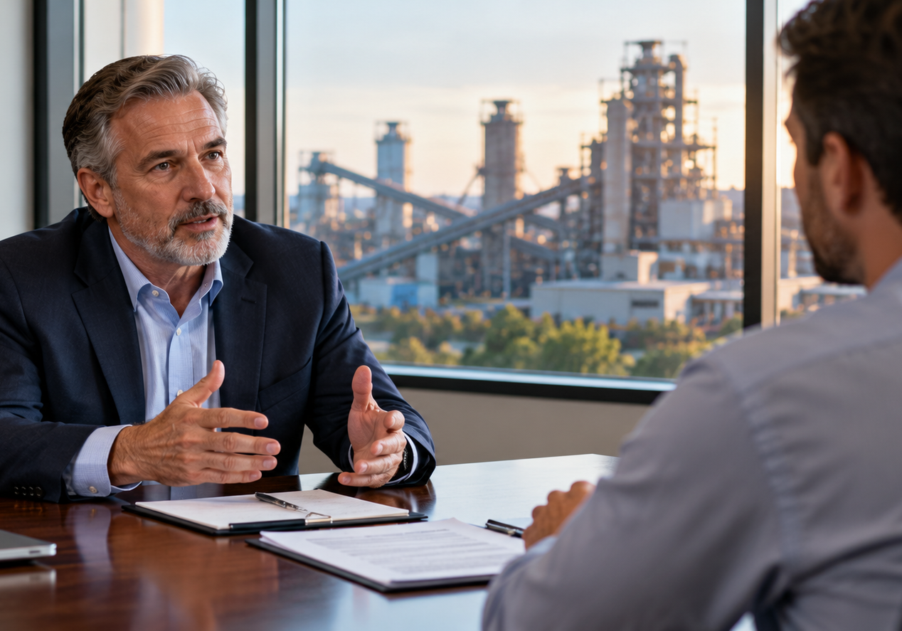 Executive Discussion Overlooking Industrial Plant