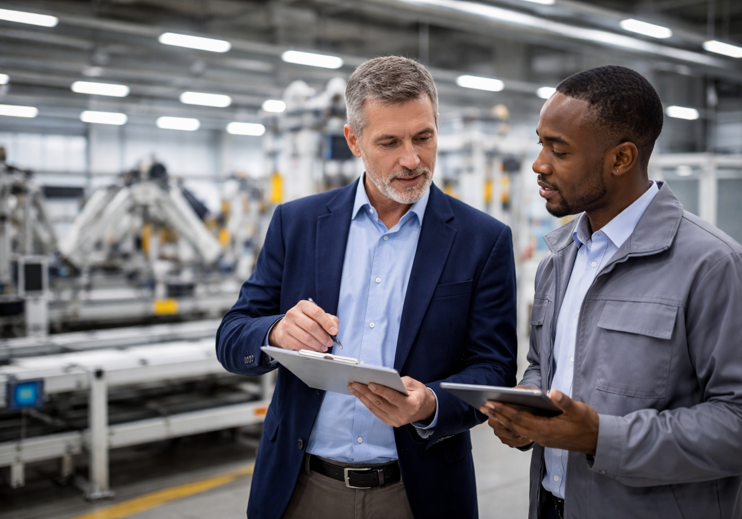 Two men in a factory, one in a suit and one in a work jacket, review a tablet and clipboard.