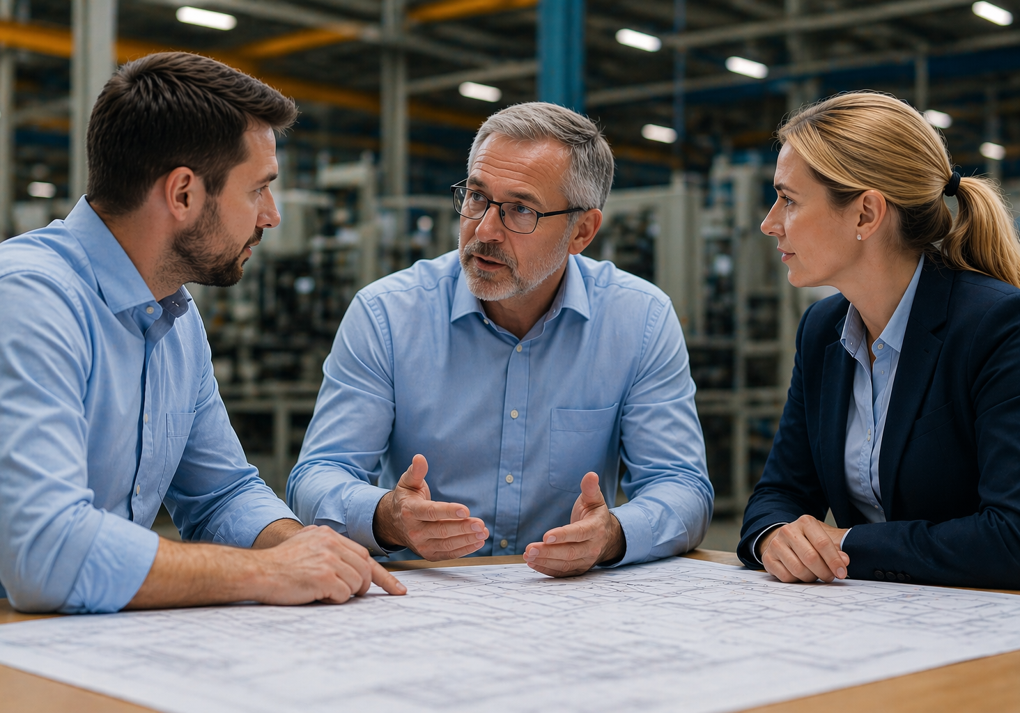 Three professionals in a factory setting reviewing blueprints at a table.