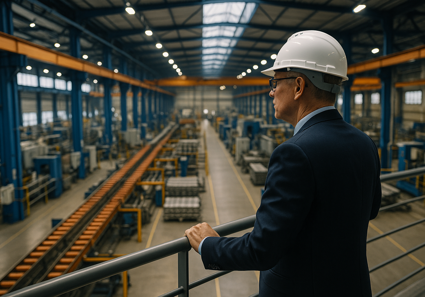 Man in hard hat surveys vast factory floor with conveyor belts & machinery.