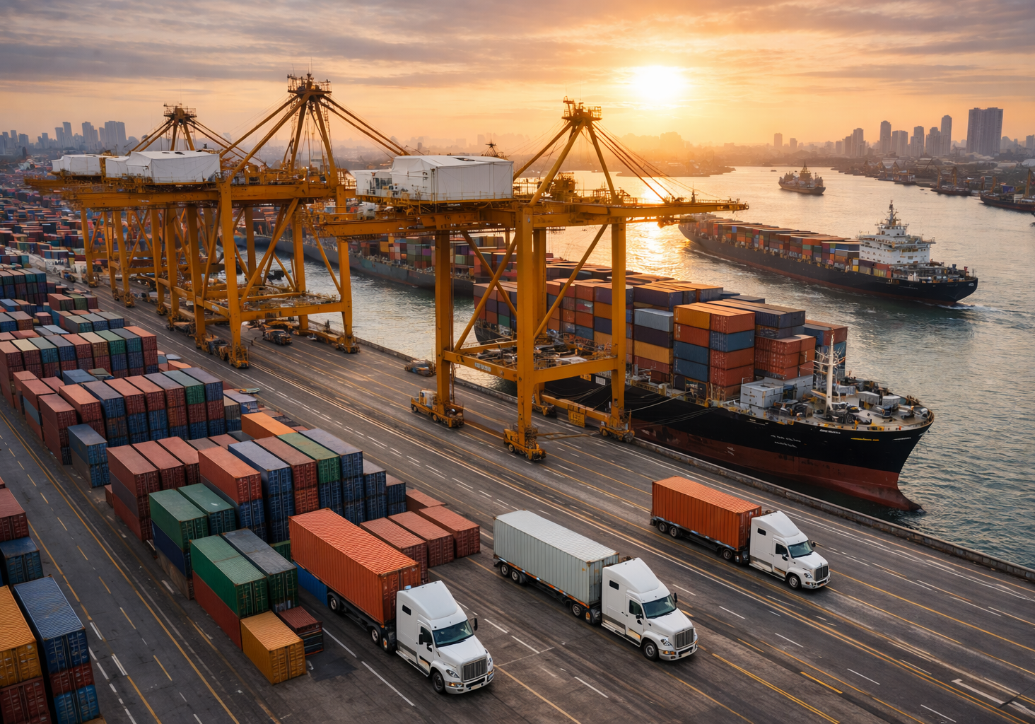 Busy container port at sunset with ships, cranes, trucks, and stacked cargo.