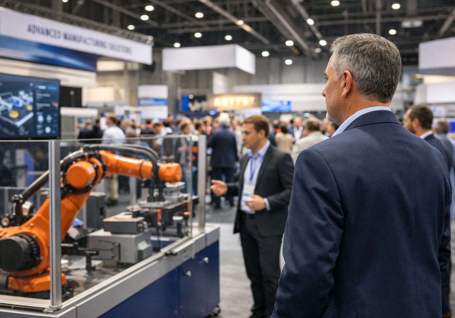 Businessmen observe robotic arm at manufacturing expo, advanced technology showcase.